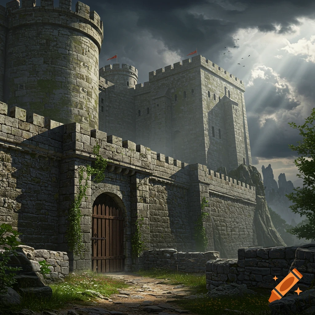 A majestic stone castle with towering walls and round turrets under a dramatic, cloudy sky with sun rays breaking through. A wooden gate is visible in the foreground, surrounded by lush greenery and a stone path.