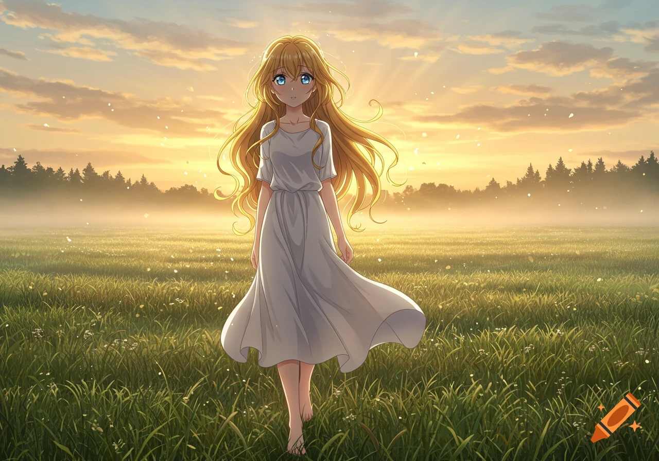 Anime girl with wavy golden hair and blue eyes, wearing a white dress, walking barefoot in a misty grass field at sunrise.