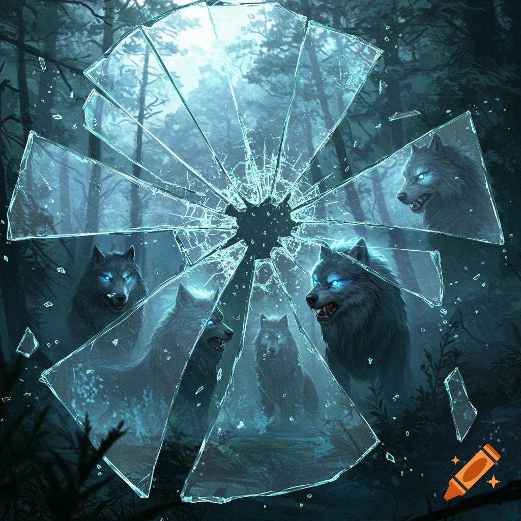 A dark fantasy digital painting shows several glowing-eyed wolves behind shattered ice or mirror shards in a misty forest.