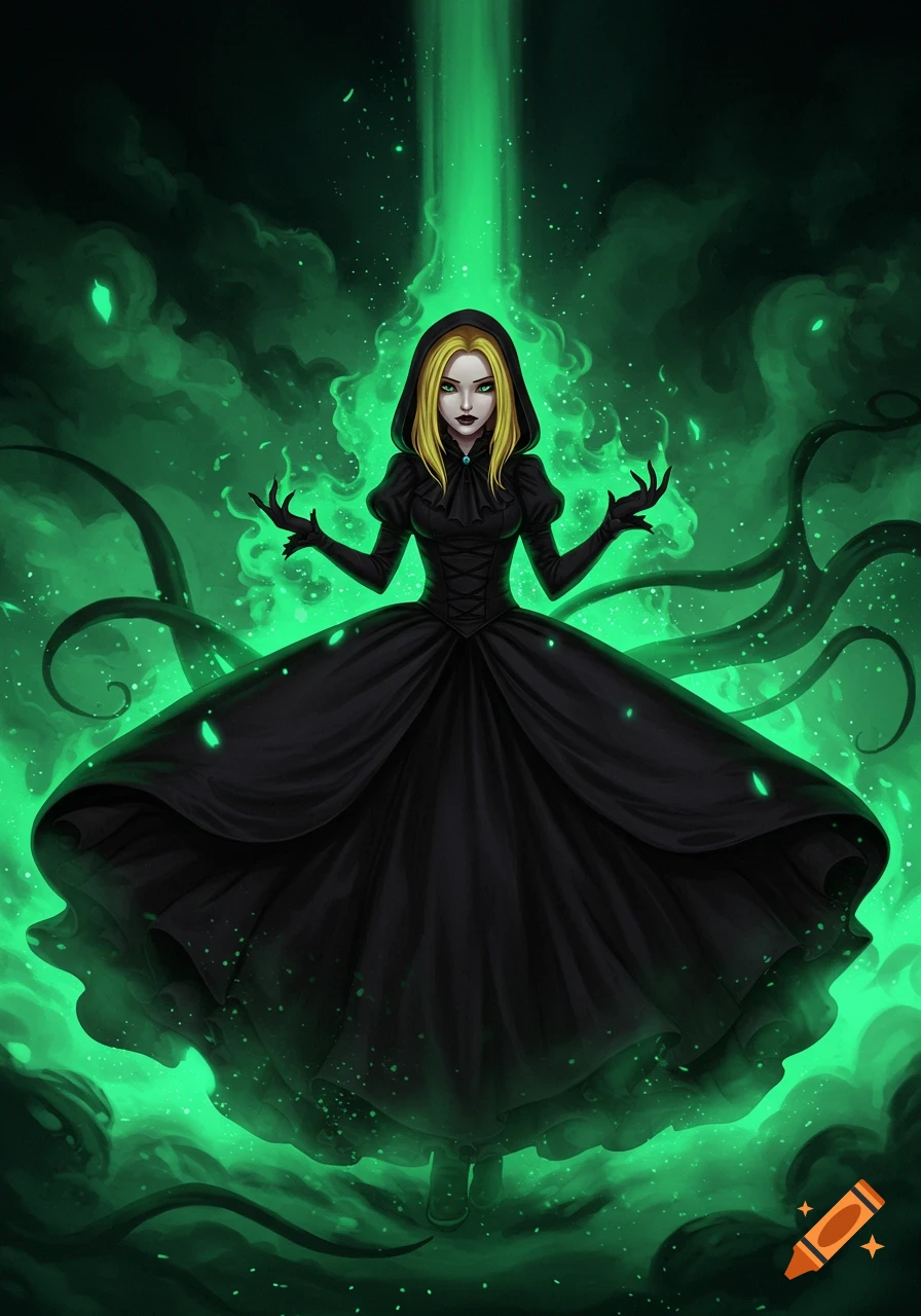 Anime-style hooded woman in a black dress with an enormous skirt conjuring green smoke and magic.