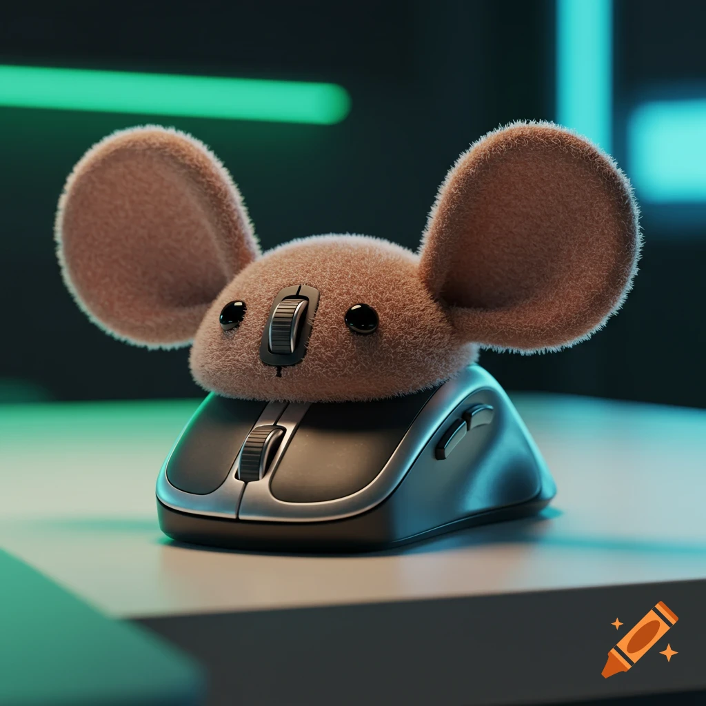 A cute, fluffy brown mouse head with large ears and black eyes sits on a computer mouse, rendered in 3D.