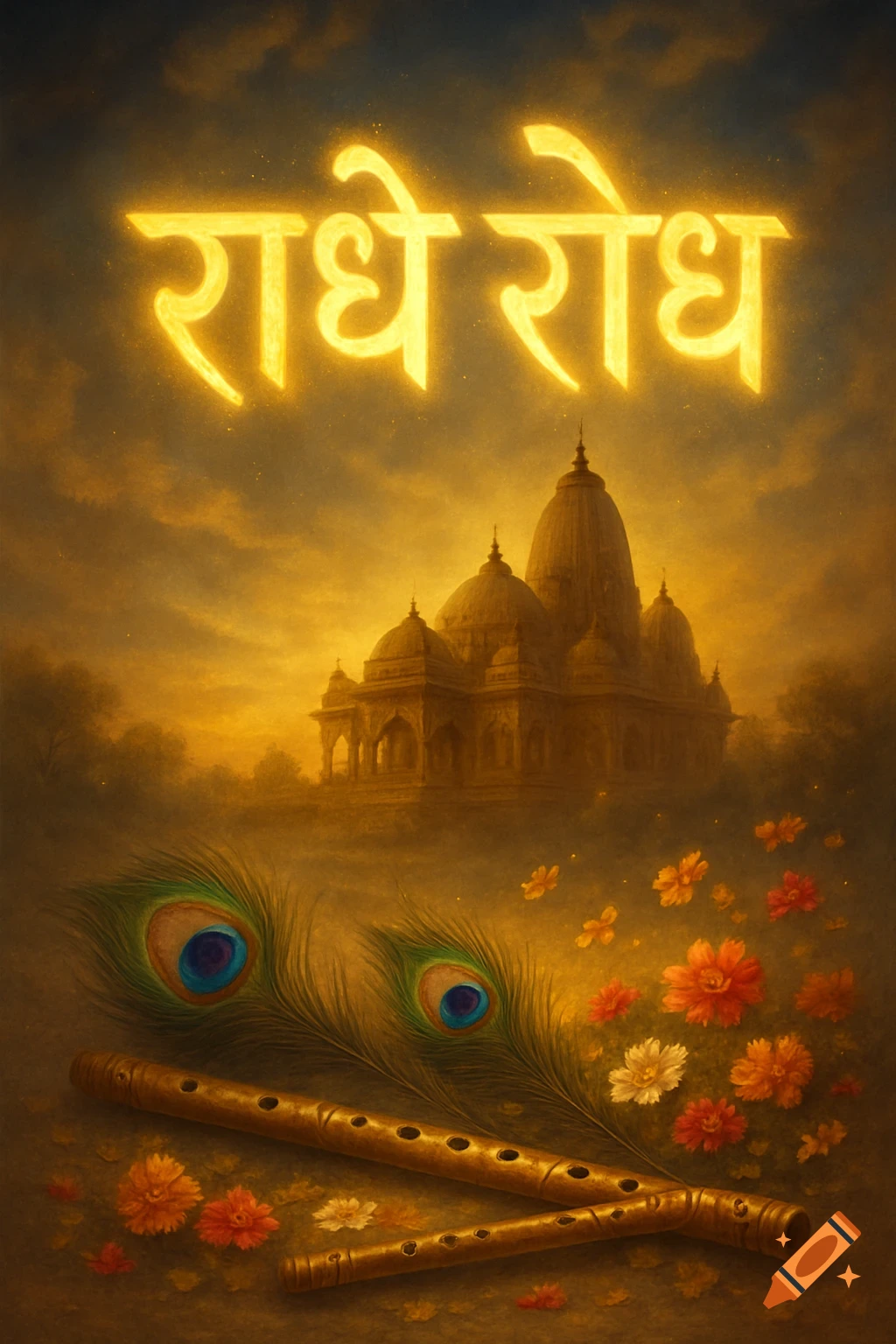 Glowing Hindi text 'Radhe Radhe' over a temple at sunset with peacock feathers and flutes in the foreground.