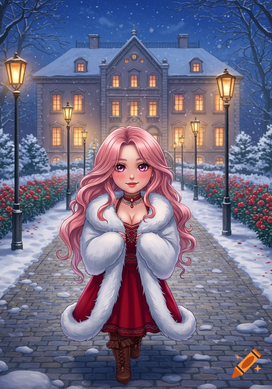 An anime woman with pink hair in a white fur shawl and red dress walks on a snowy cobblestone path in front of a mansion.