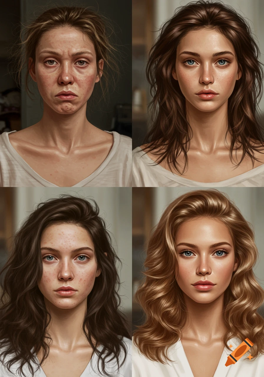 Four photorealistic portraits of a woman, showing a transformation from an unkempt appearance to a beautiful, styled look.