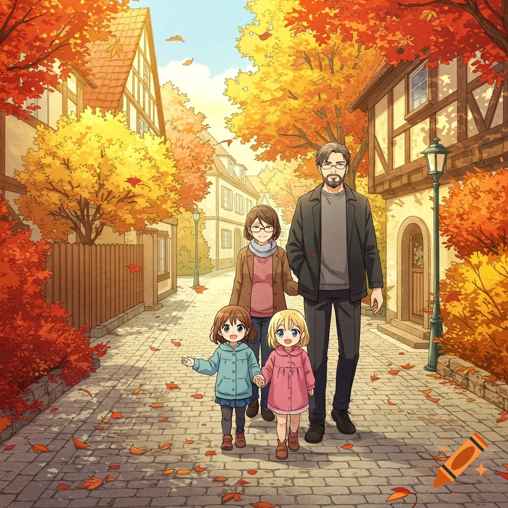 Anime style family of four walking on a cobblestone street in an autumn village with colorful trees and falling leaves.
