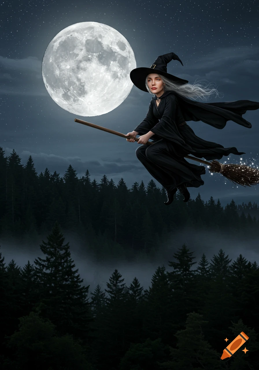 A witch with long gray hair and a black hat flies on a broomstick over a dark forest under a large full moon and starry sky.