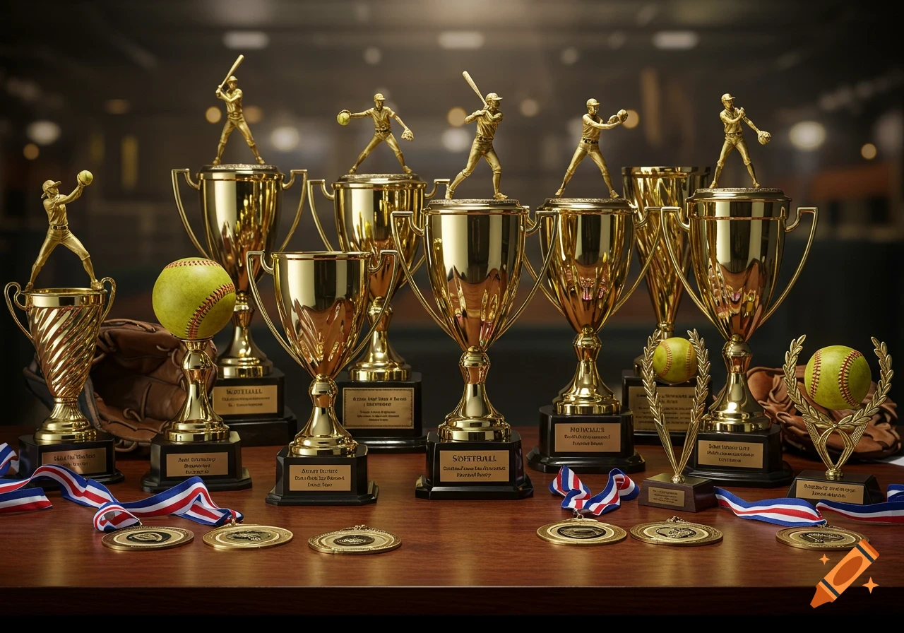 Multiple golden softball trophies with player figurines, softballs, medals, and a baseball glove on a wooden table.