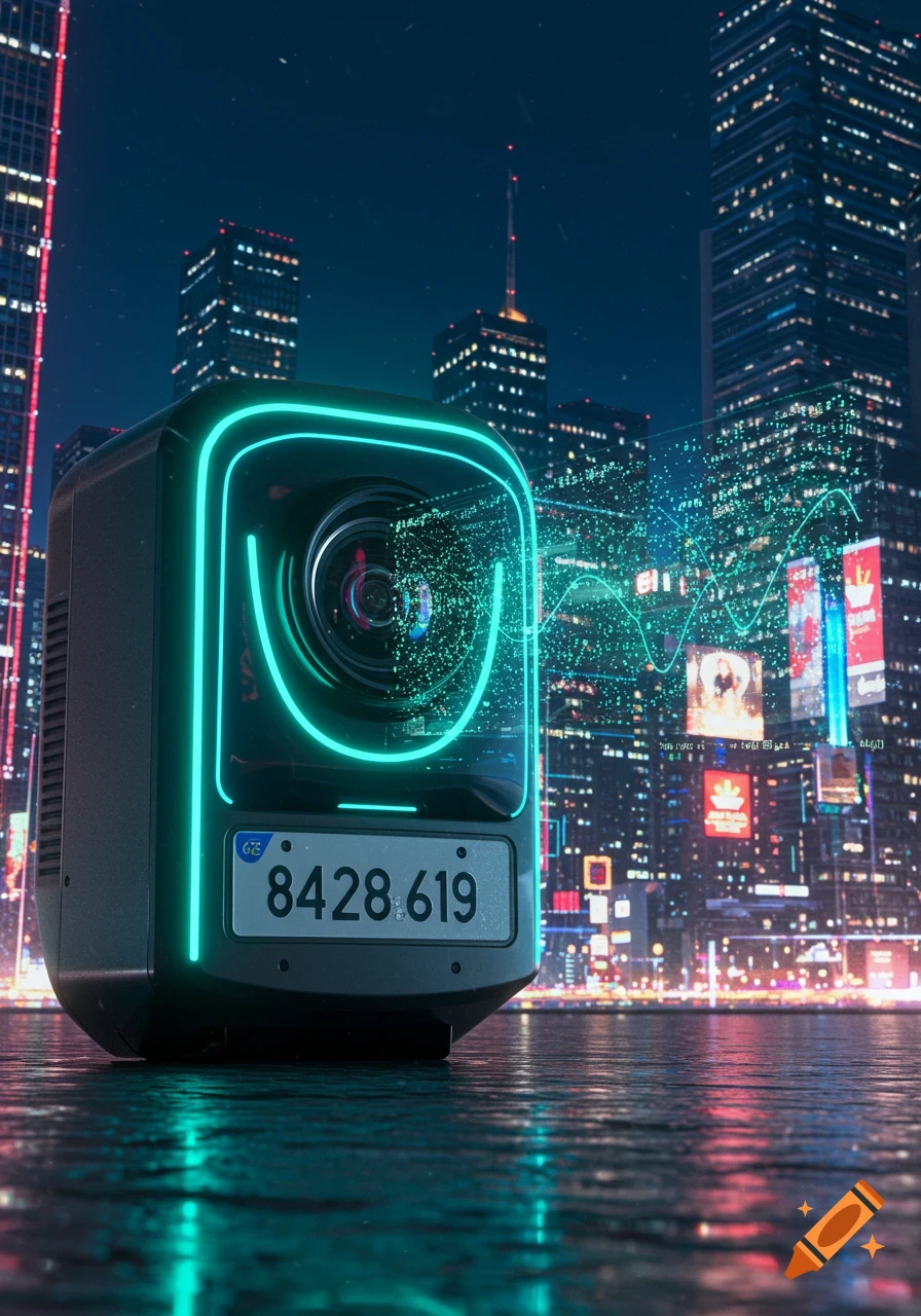 A glowing futuristic license plate reader in a vibrant cyberpunk city at night with digital data streams.