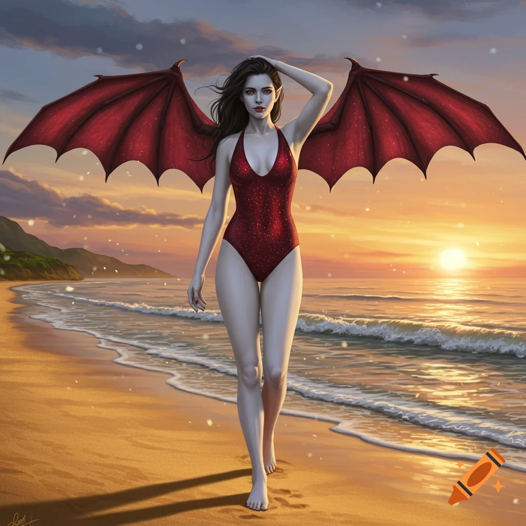 A pale woman with red bat wings and a sparkling red swimsuit walks on a sandy beach with waves at sunset.