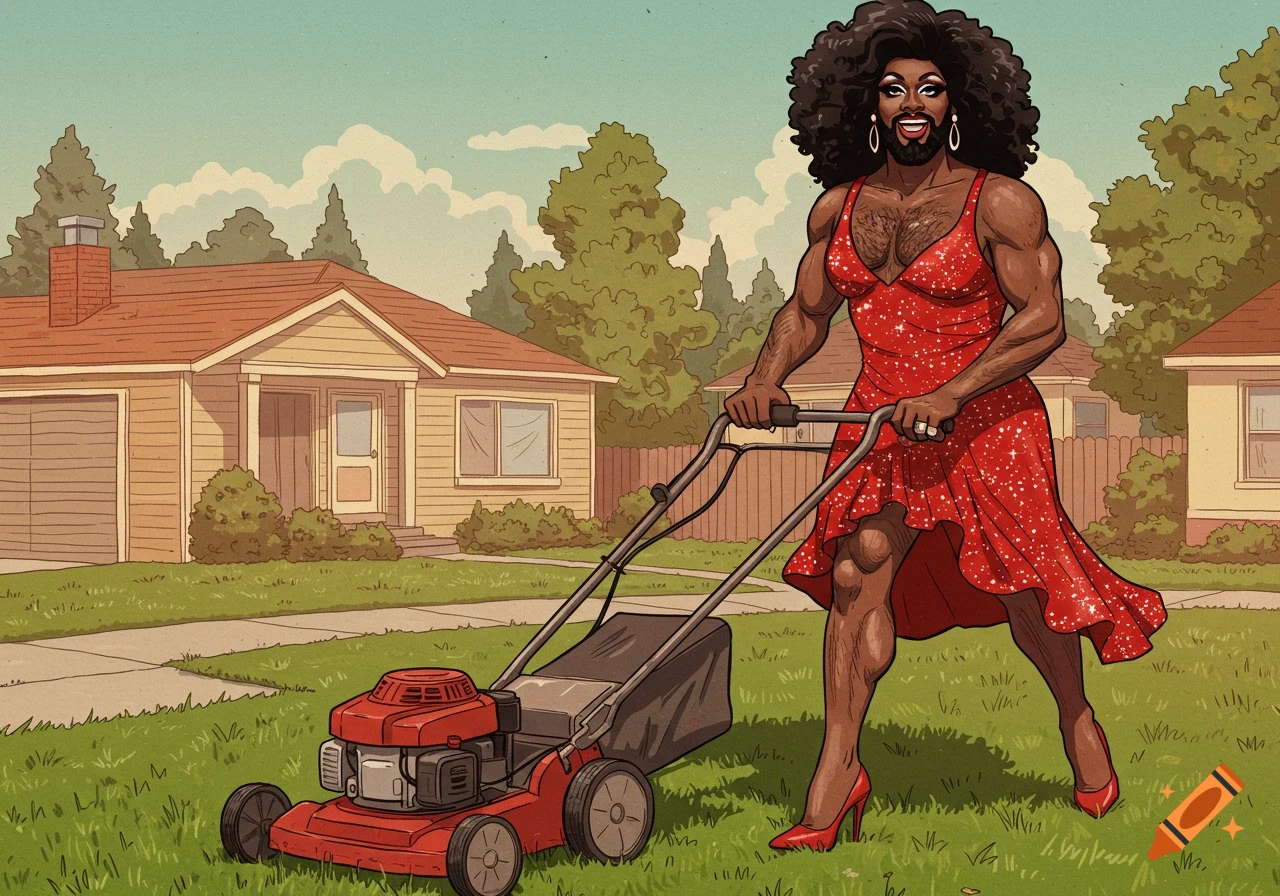 A muscular black drag queen with a beard in a sparkling red dress and high heels mows a lawn in a vintage illustration style suburban scene.