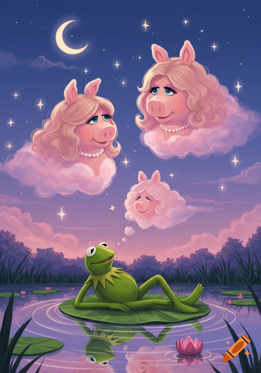 Kermit the Frog lies on a lily pad, gazing at dream-like Miss Piggy faces in pink clouds under a crescent moon and stars over a pond.