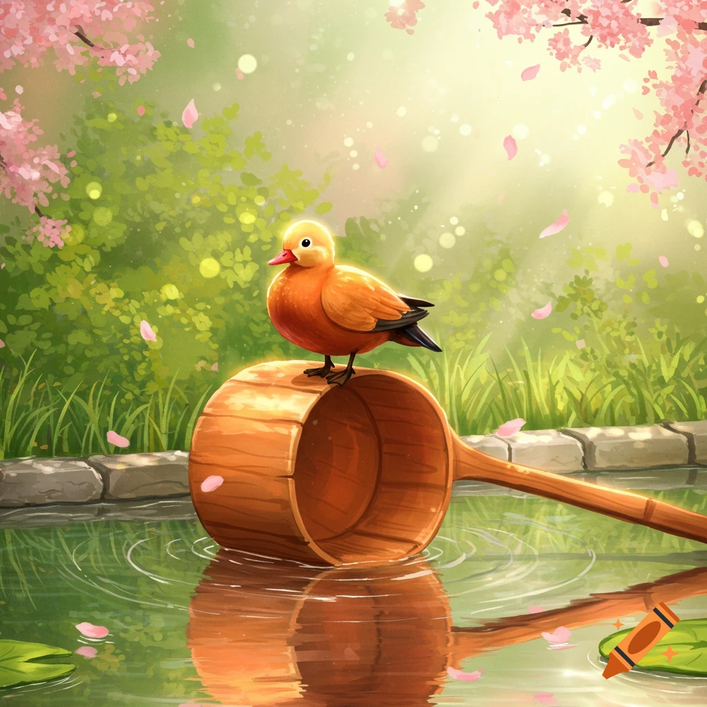 Cartoon duck standing on a wooden ladle in a pond with pink cherry blossoms and green foliage.