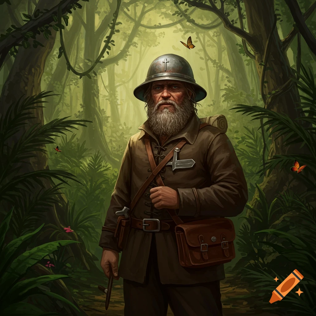 A digital painting of a bearded man in a colonial helmet with a cross, brown jacket, and satchel, holding a stick, standing in a lush jungle.