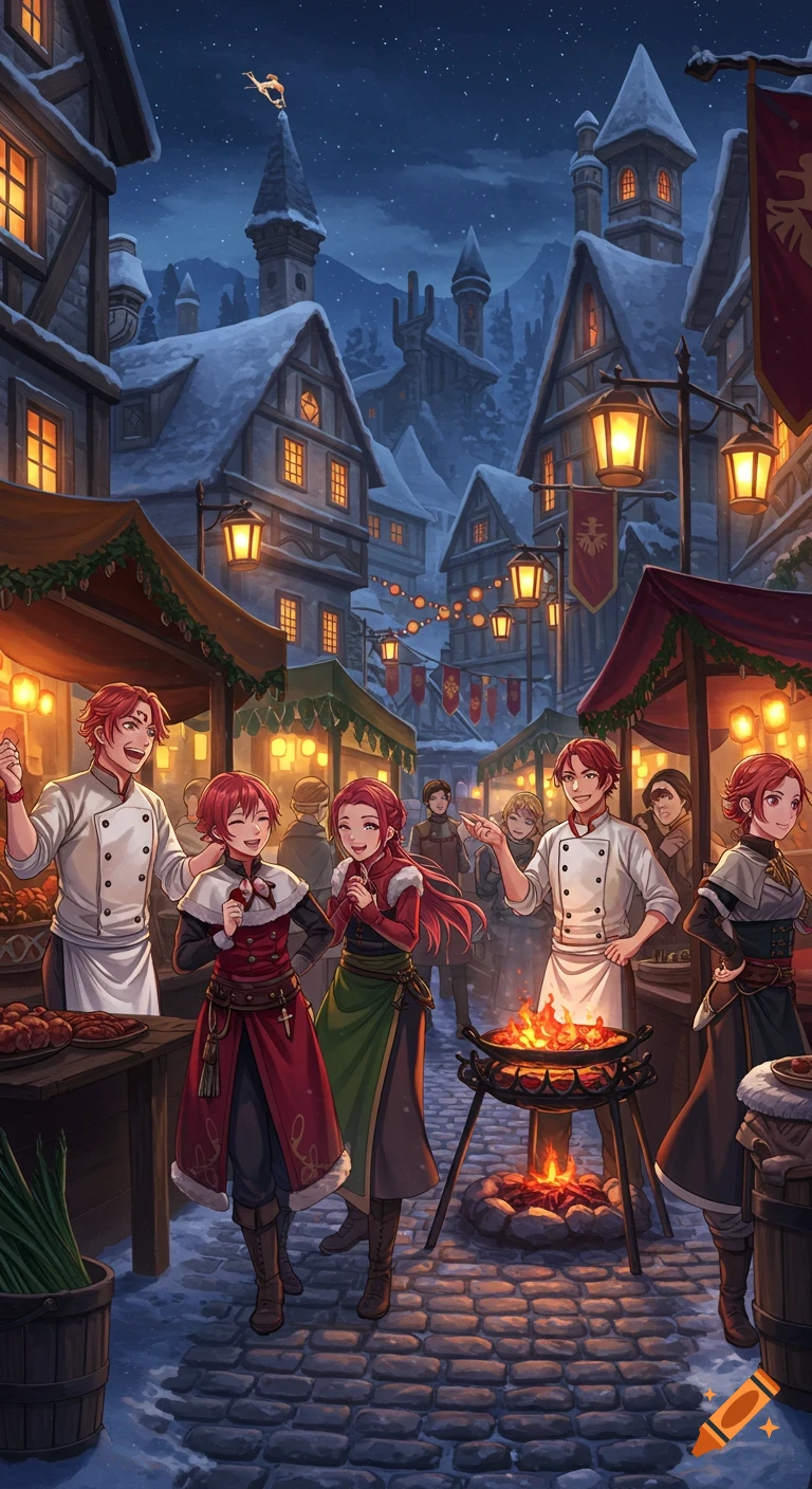 Anime style illustration of a lively winter festival in a snowy medieval town at night, with smiling chefs cooking at market stalls.