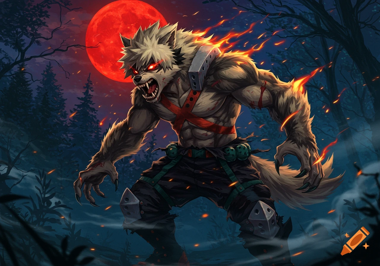 A fierce, muscular werewolf with spiky fur, glowing red eyes, and a red harness stands in a dark forest under a blood-red moon, surrounded by fire sparks.