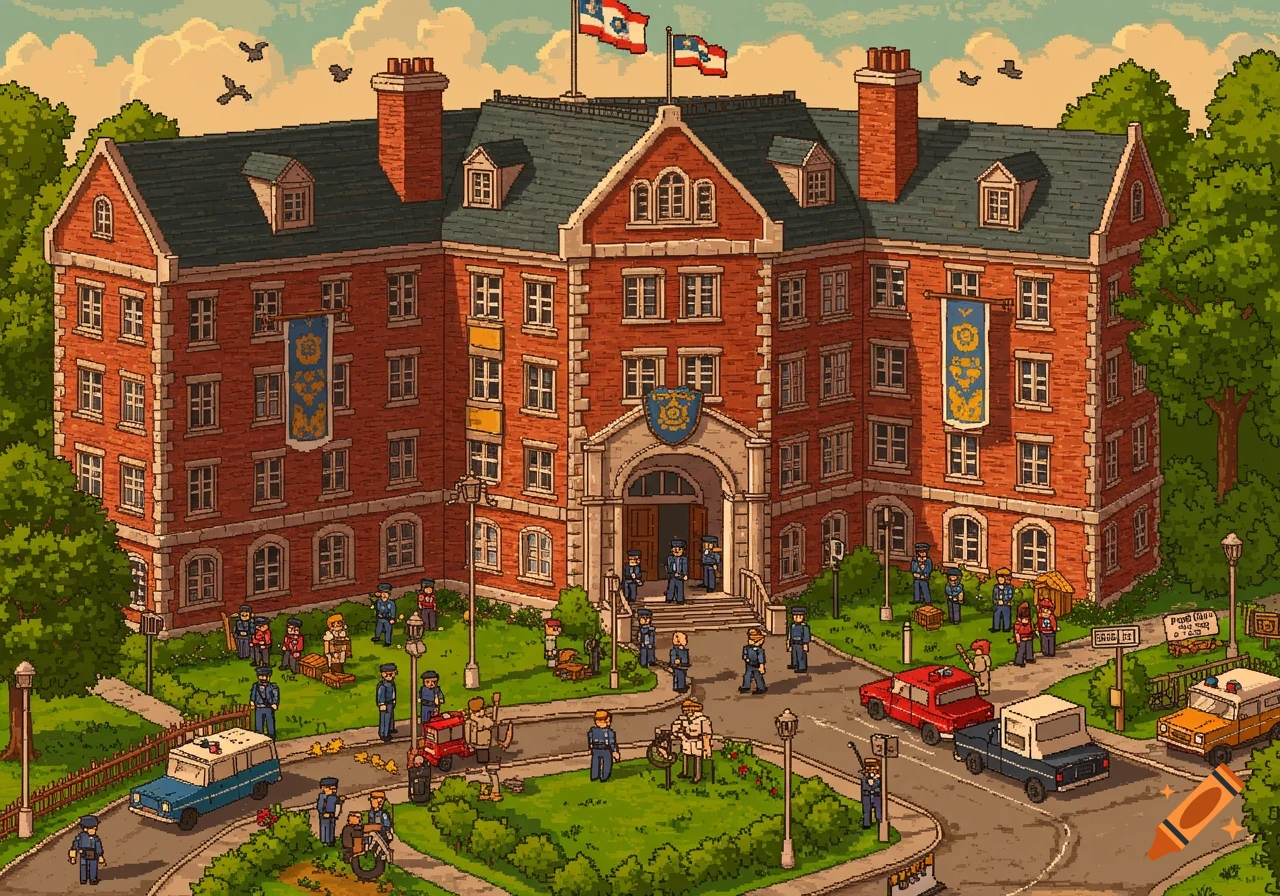 Pixel art illustration of a police headquarters, a large red brick building with many officers, police cars, and trees on the grounds.