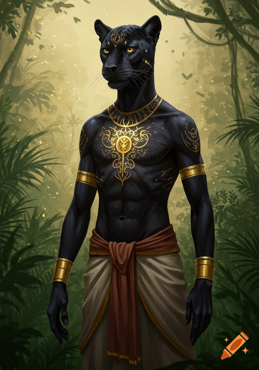 A wise anthropomorphic black panther creature with golden patterns and jewelry on dark skin, wearing a draped skirt, in a lush jungle setting.