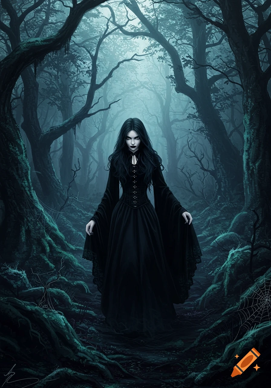 A gothic woman with long black hair and a black dress stands in a dark, misty forest with twisted trees and glowing foliage.