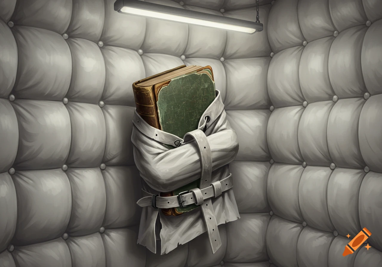 A book wearing a straitjacket stands in a white padded room under a fluorescent light, rendered in a detailed, illustrative style.