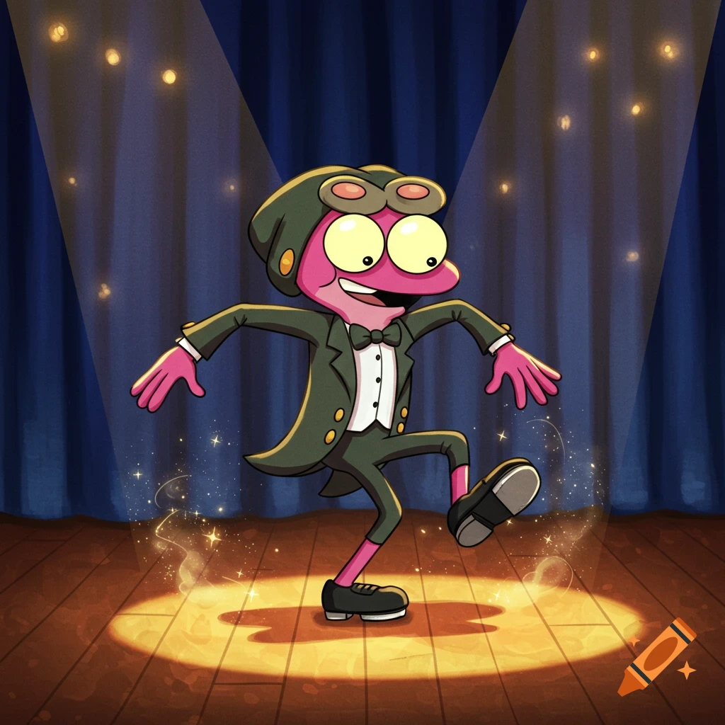 Sprig Planter from Amphibia tap dances on a stage in a green tuxedo and black tap shoes under spotlights, with blue curtains.