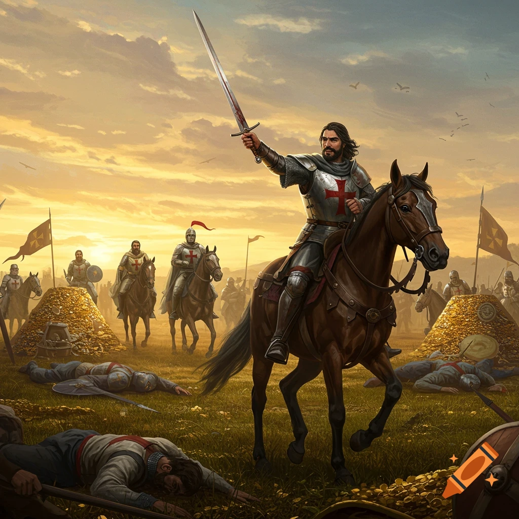 A triumphant knight on horseback raises a bloody sword over fallen soldiers and piles of gold at sunset in a detailed illustration.
