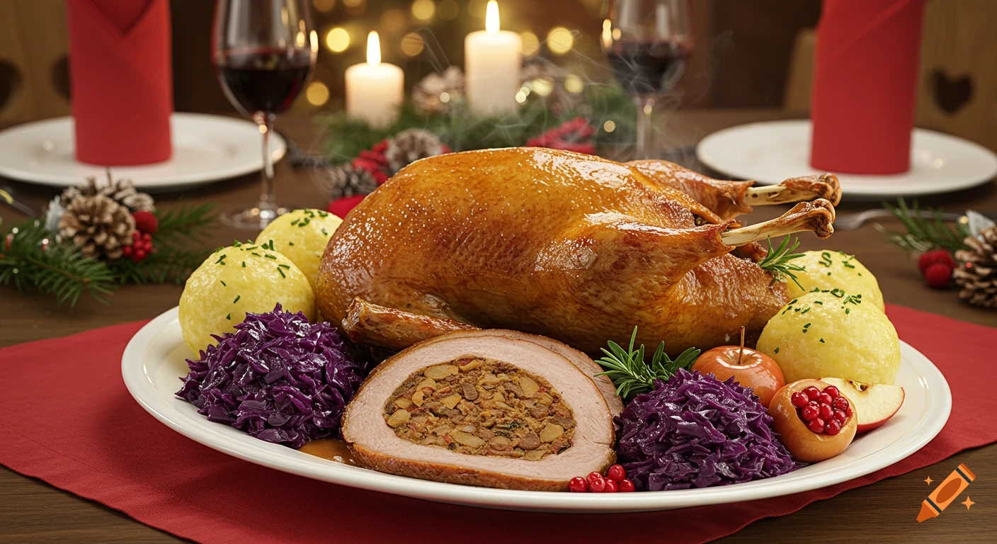 A festive roasted goose with red cabbage, dumplings, and cranberry-filled apples on a dinner table with candles and wine.