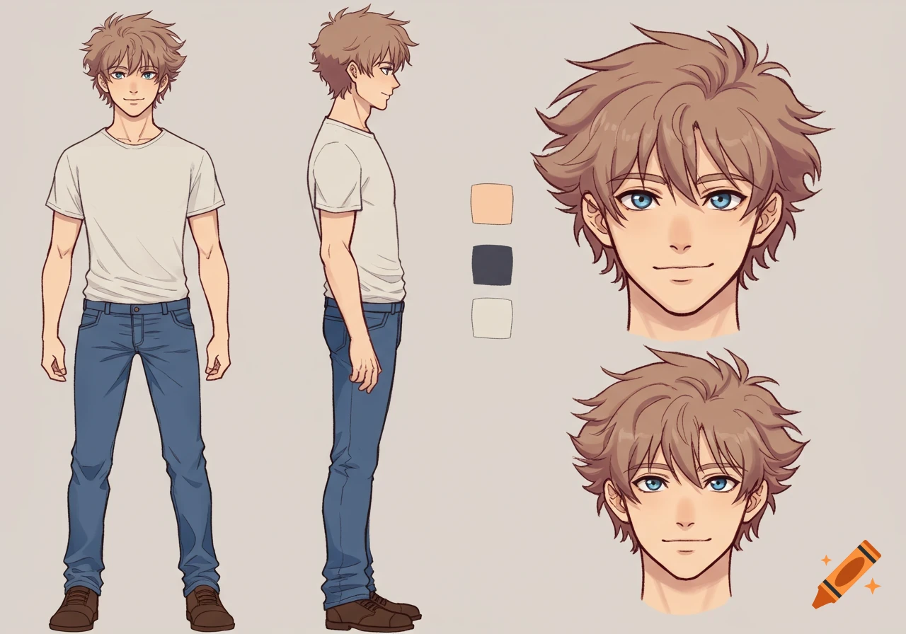Anime character reference sheet with front, side, and head views of a male with brown spiky hair, blue eyes, wearing a white t-shirt and blue jeans.