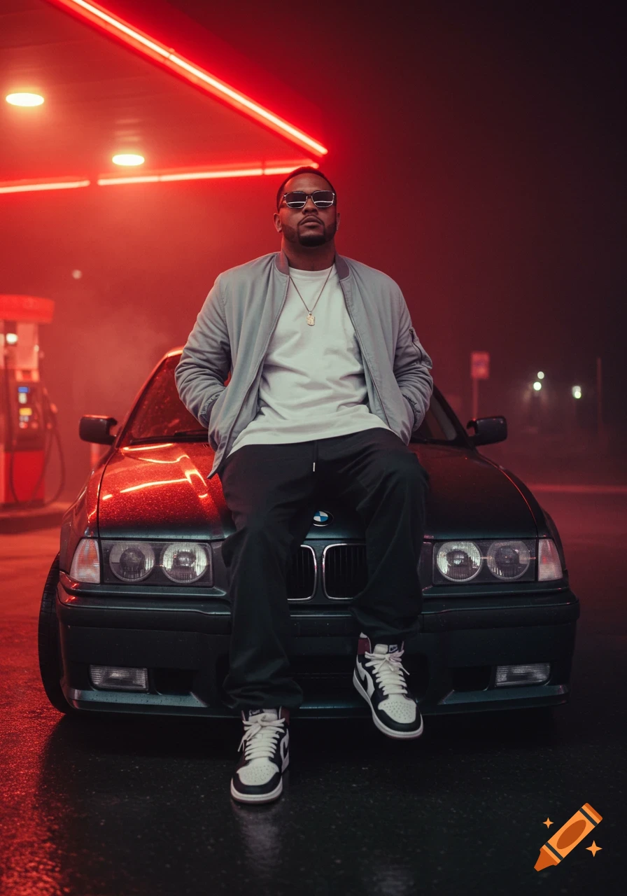 A man in a bomber jacket and sunglasses sits on a green BMW at a red-lit gas station at night, urban, cinematic.