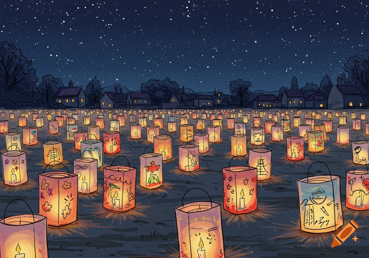 A field full of colorful, glowing, hand-drawn lanterns under a starry night sky, with distant houses.