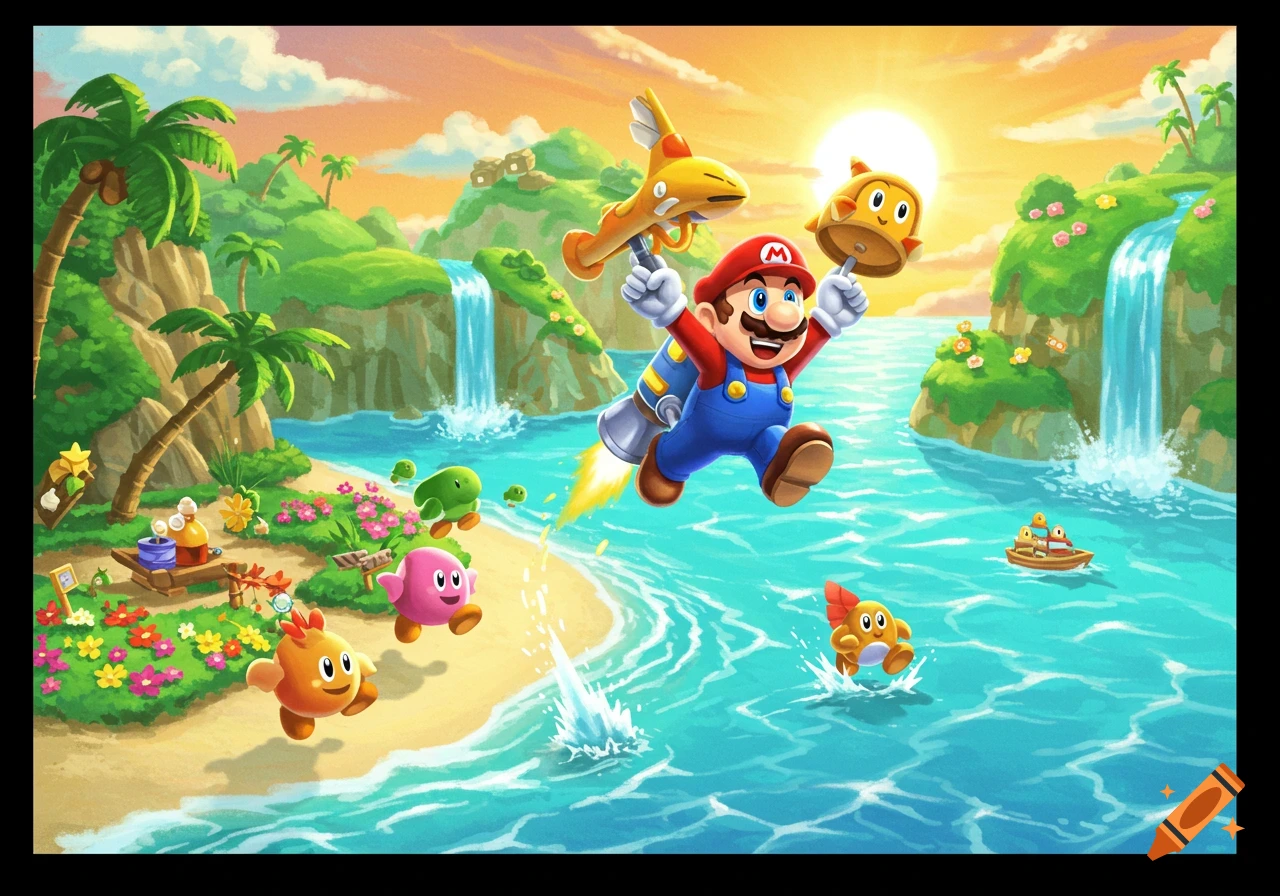 Mario flies with a jetpack over a tropical beach and ocean with waterfalls, palm trees, and other cartoon characters.