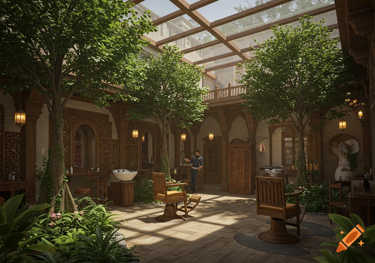 An Indian-style barbershop in a lush courtyard, featuring tall trees, carved wooden architecture, and classic barber chairs under a glass roof.