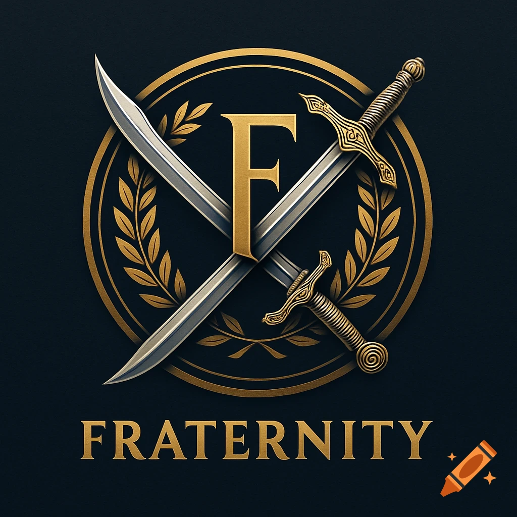 A gold and silver fraternity logo with a stylized letter F, crossed swords, a laurel wreath, and the word FRATERNITY on a dark background.