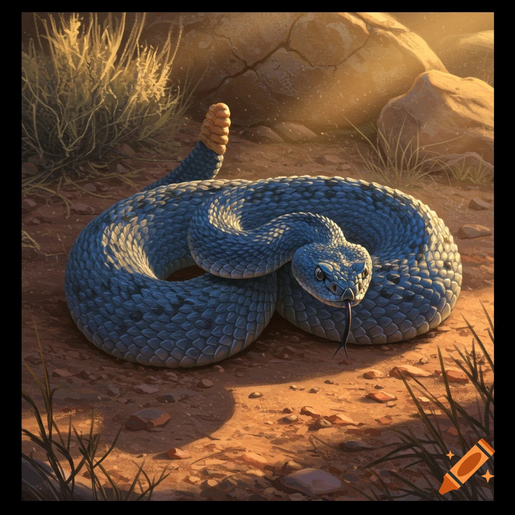 A blue rattlesnake coiled on reddish-brown dirt, with its tongue out and tail raised, in a sunny, rocky desert landscape.
