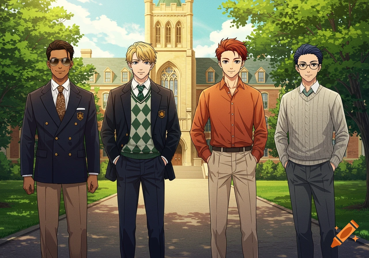 Four anime-style young men in preppy attire stand on a college path with a Gothic building and trees in the background.
