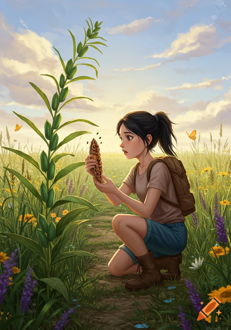 A young woman with dark hair crouches in a sunny field of tall grass and wildflowers, examining a large plant with curiosity.