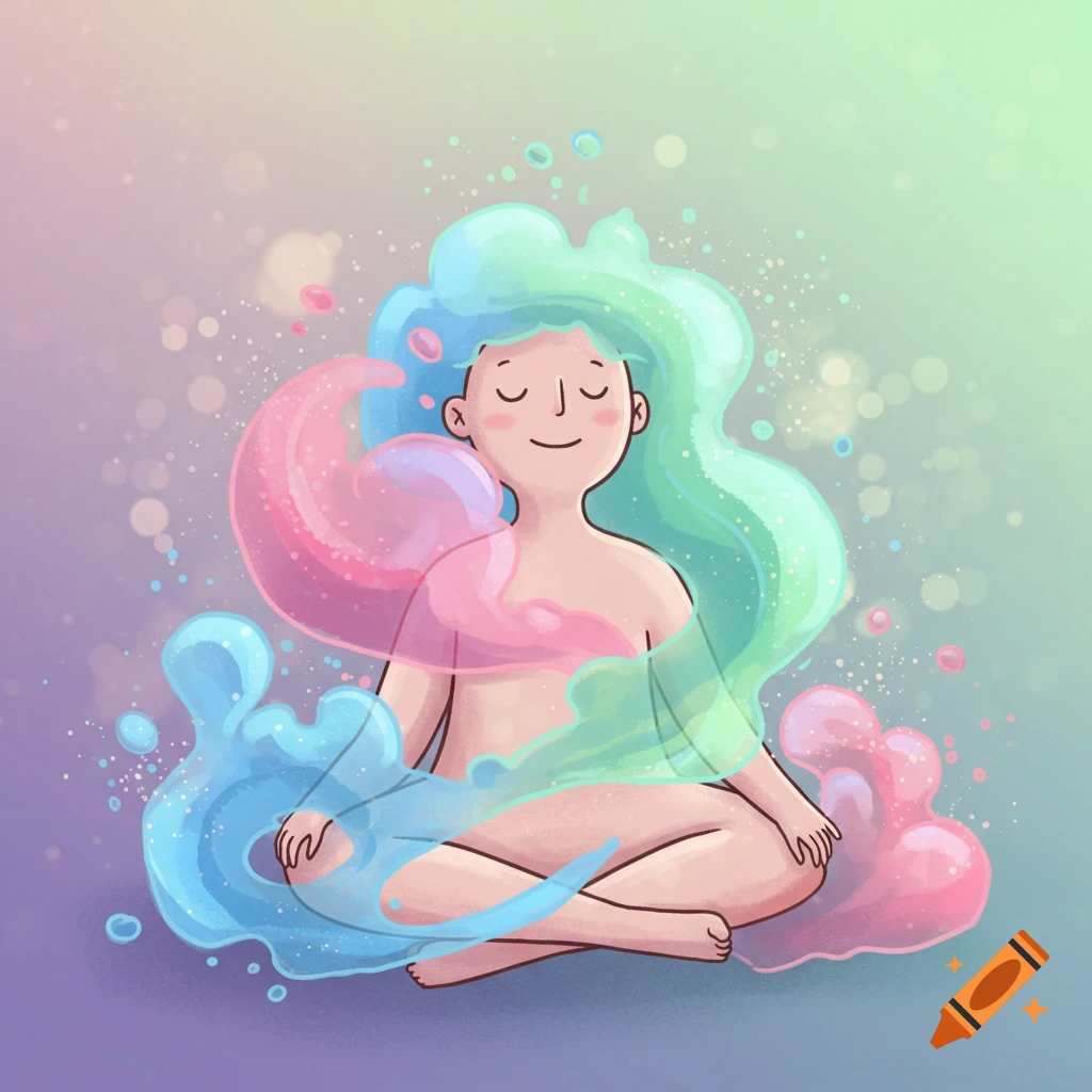 Cartoon person meditating cross-legged, surrounded by colorful flowing splashes of pink, blue, and green.