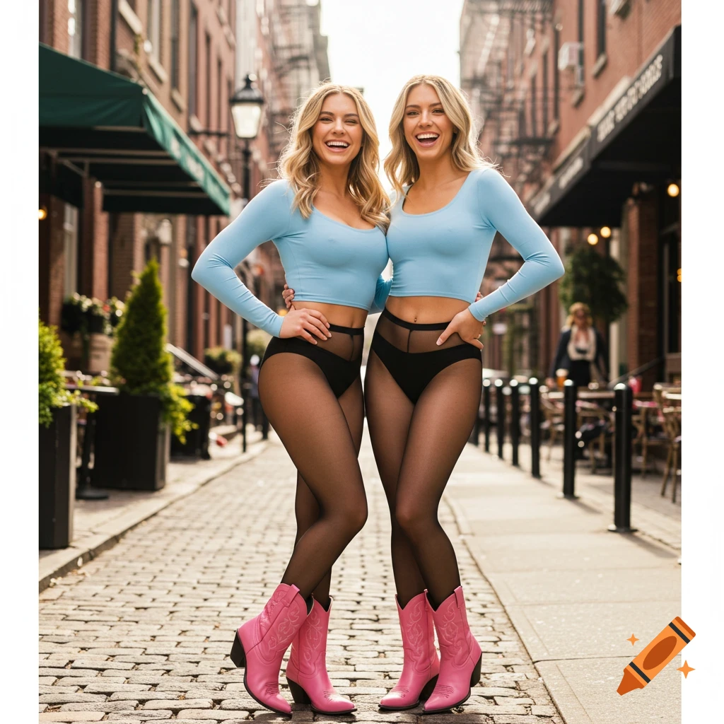 Two smiling young women in light blue crop tops, black sheer pantyhose, and pink western boots posing on a cobblestone city street.
