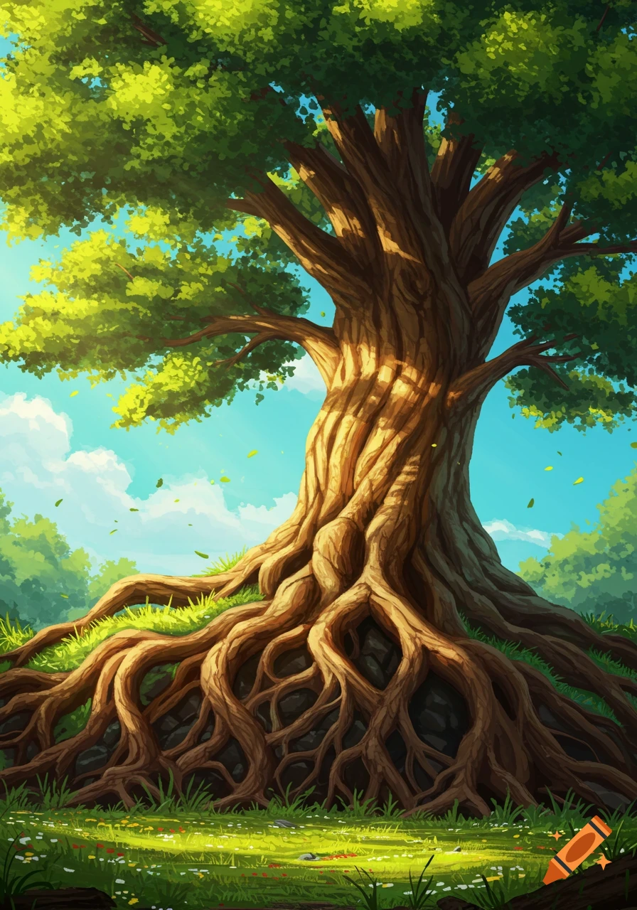 A vibrant, stylized illustration of a massive tree with deep, exposed roots and a canopy of lush green leaves under a blue sky.