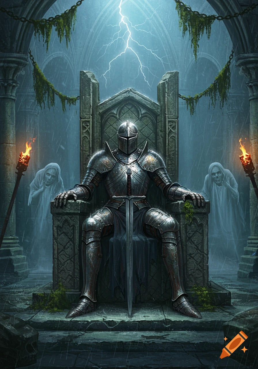 A knight in full armor sits on a stone throne in a ruined hall during a rainstorm, with lightning overhead and ghostly figures nearby.