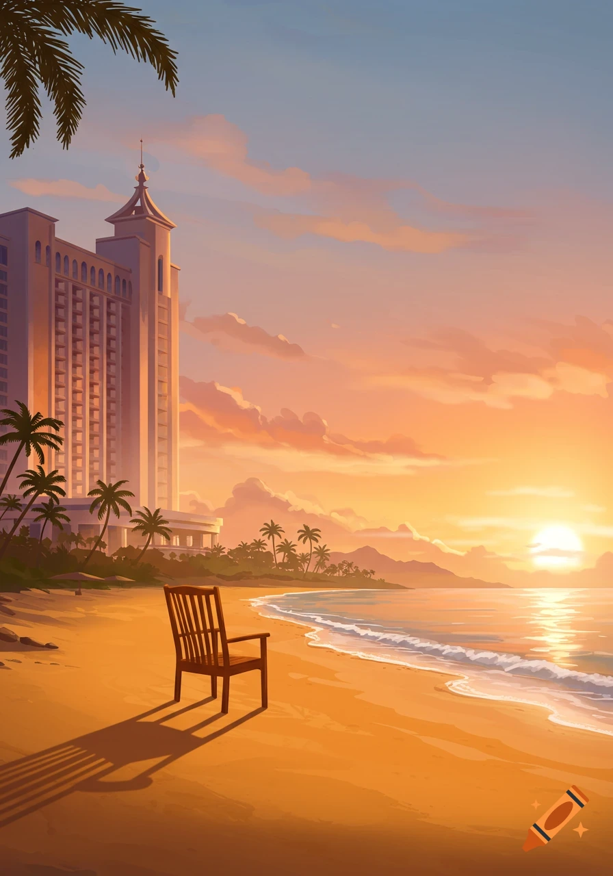 A stylized illustration of a tropical beach at sunset, featuring a tall hotel, palm trees, and a wooden chair on the sand.