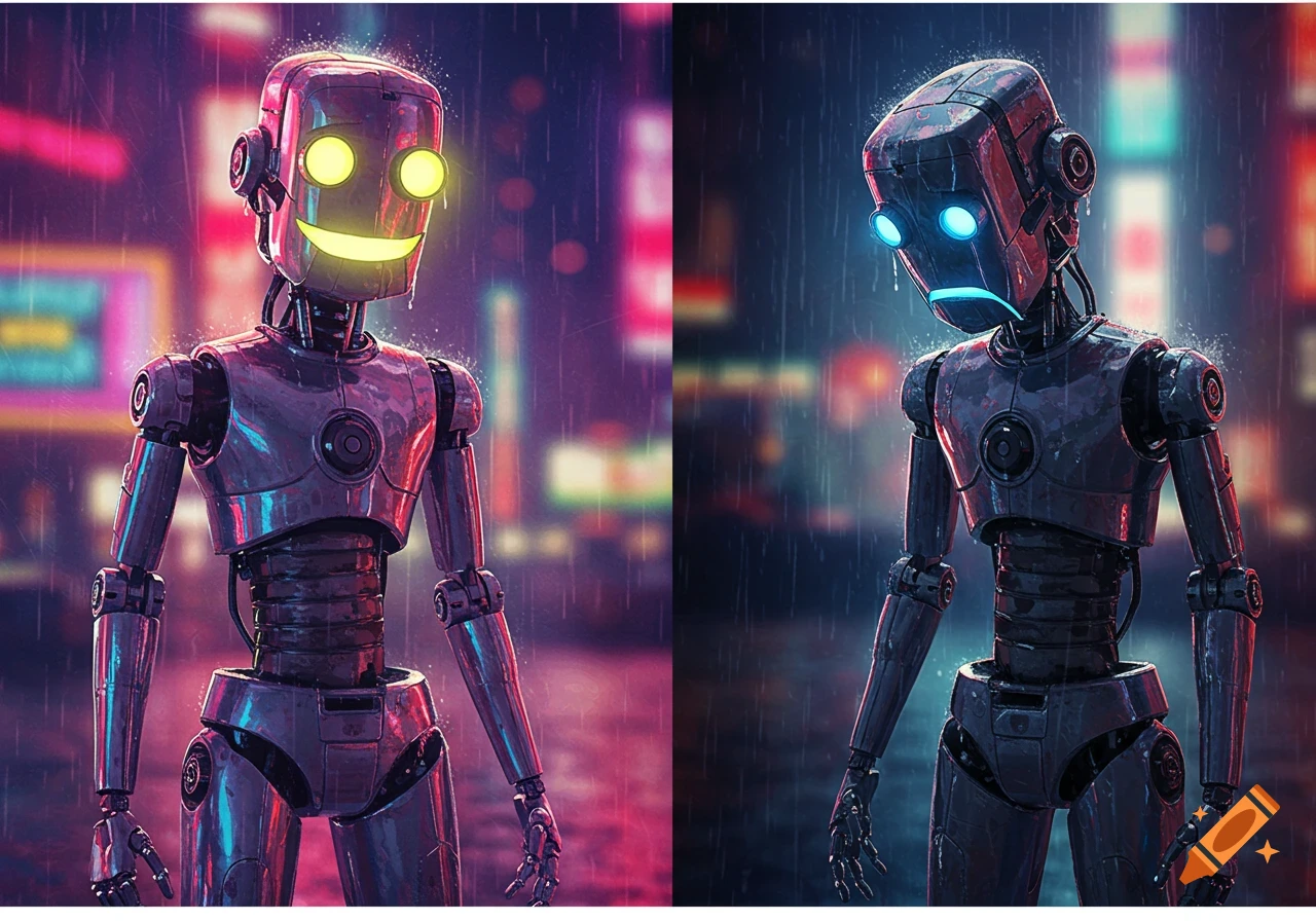 Two robots in a split image, one on the left is happy with glowing yellow eyes, and one on the right is sad with glowing blue eyes, both standing in a rainy cyberpunk city with neon lights.