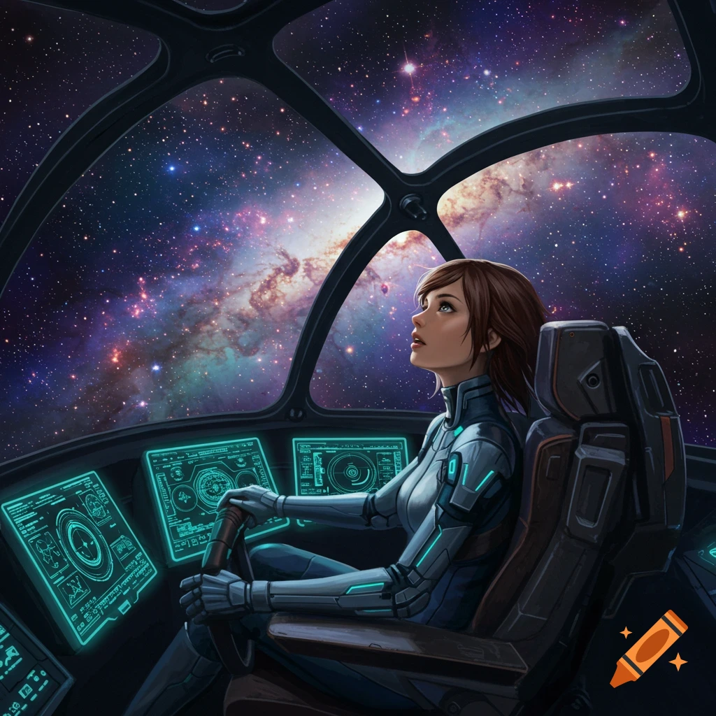 A woman in a futuristic spacesuit pilots a spaceship, gazing up at a vibrant starry galaxy through the cockpit window.
