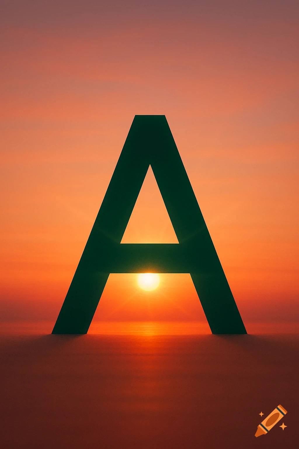 A large green letter A silhouetted against an orange and pink sunset over water.