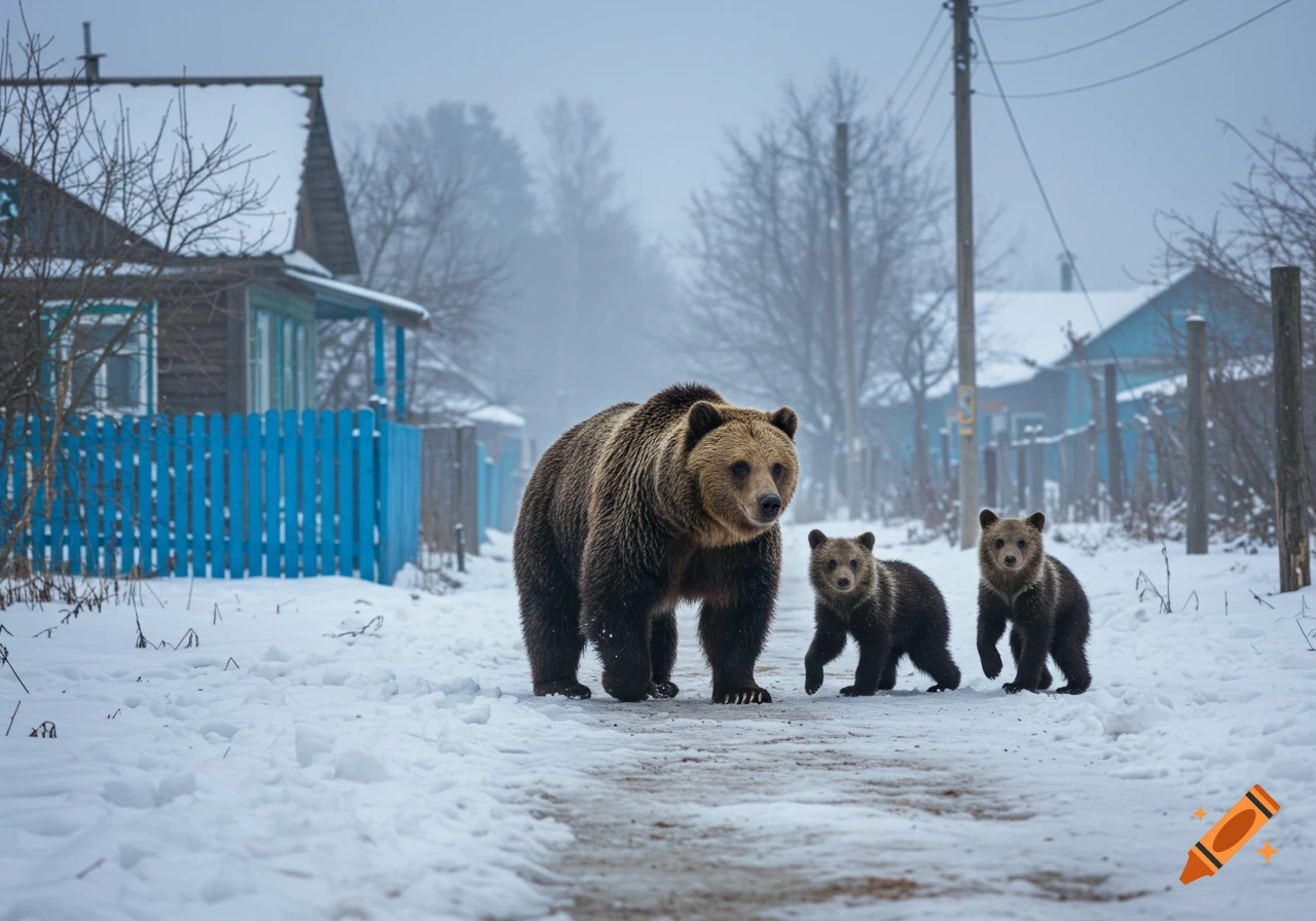 A photorealistic image shows a brown bear and two cubs walking through a snowy village with a blue fence.