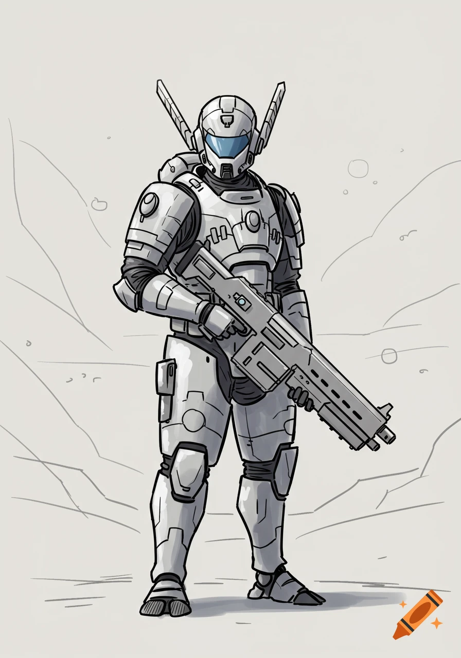 A futuristic soldier in white and grey armor holds a rifle in a sketch-like illustration.