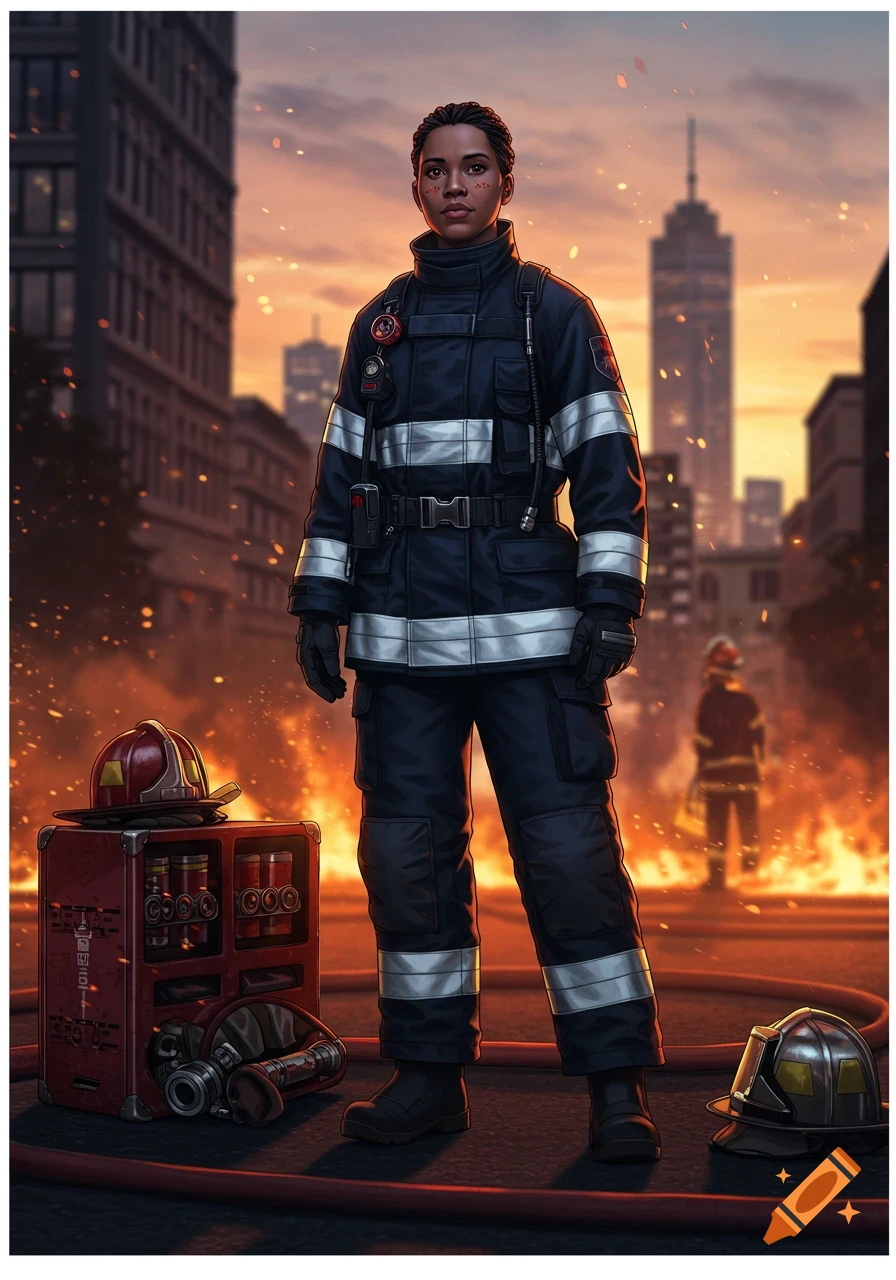 A dark-skinned female firefighter stands confidently in uniform against a burning cityscape at sunset, with equipment nearby.
