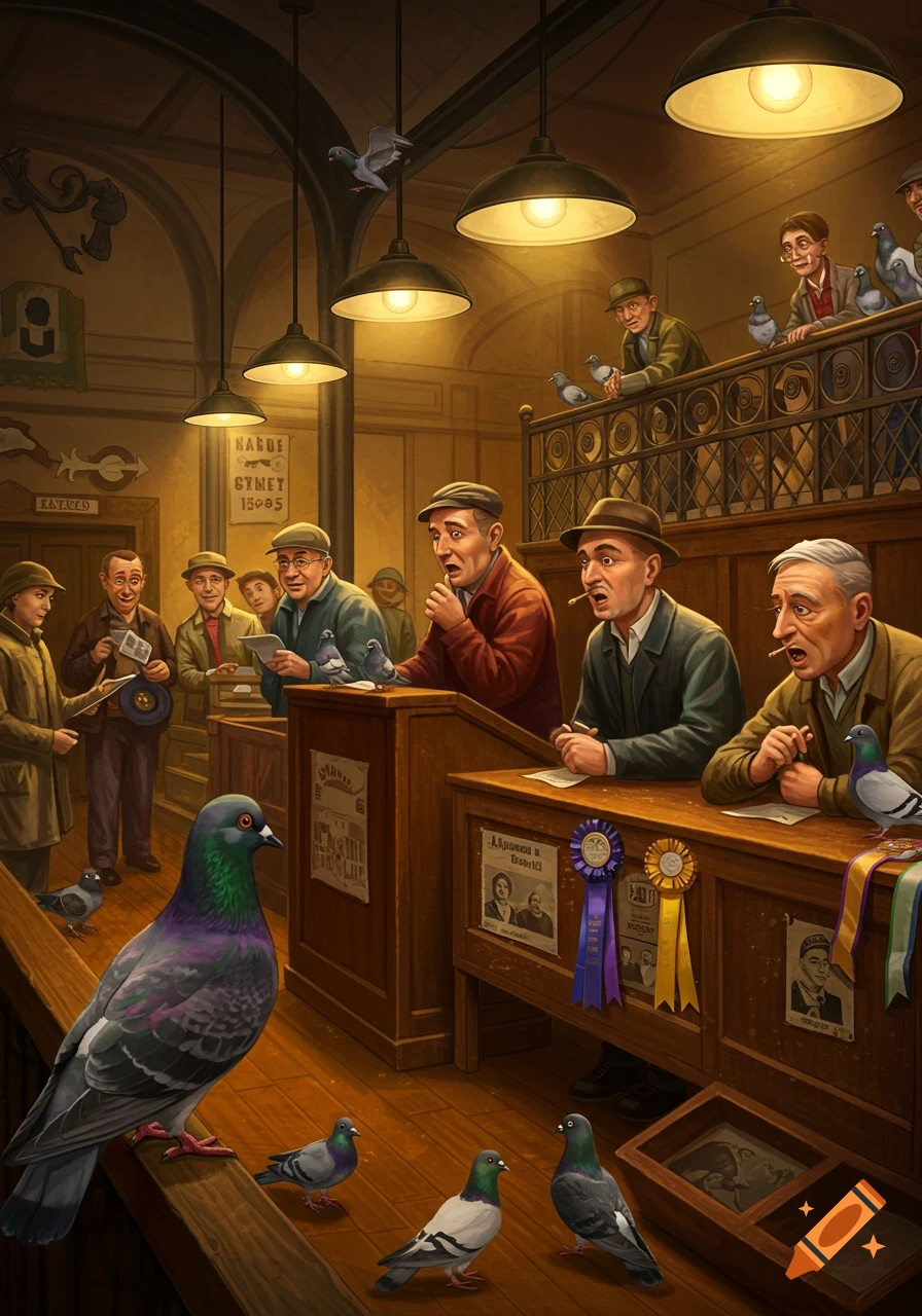 A detailed illustration depicts a bustling pigeon auction with many men gathered around desks, observing and interacting with pigeons.