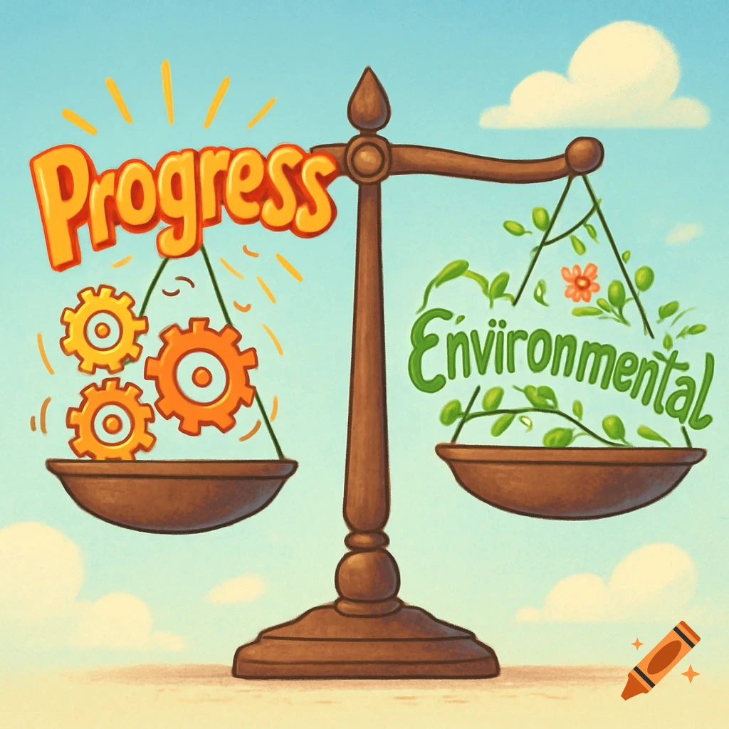 Cartoon balance scale showing 'Progress' with gears on one side, and 'Environmental' with plants on the other.