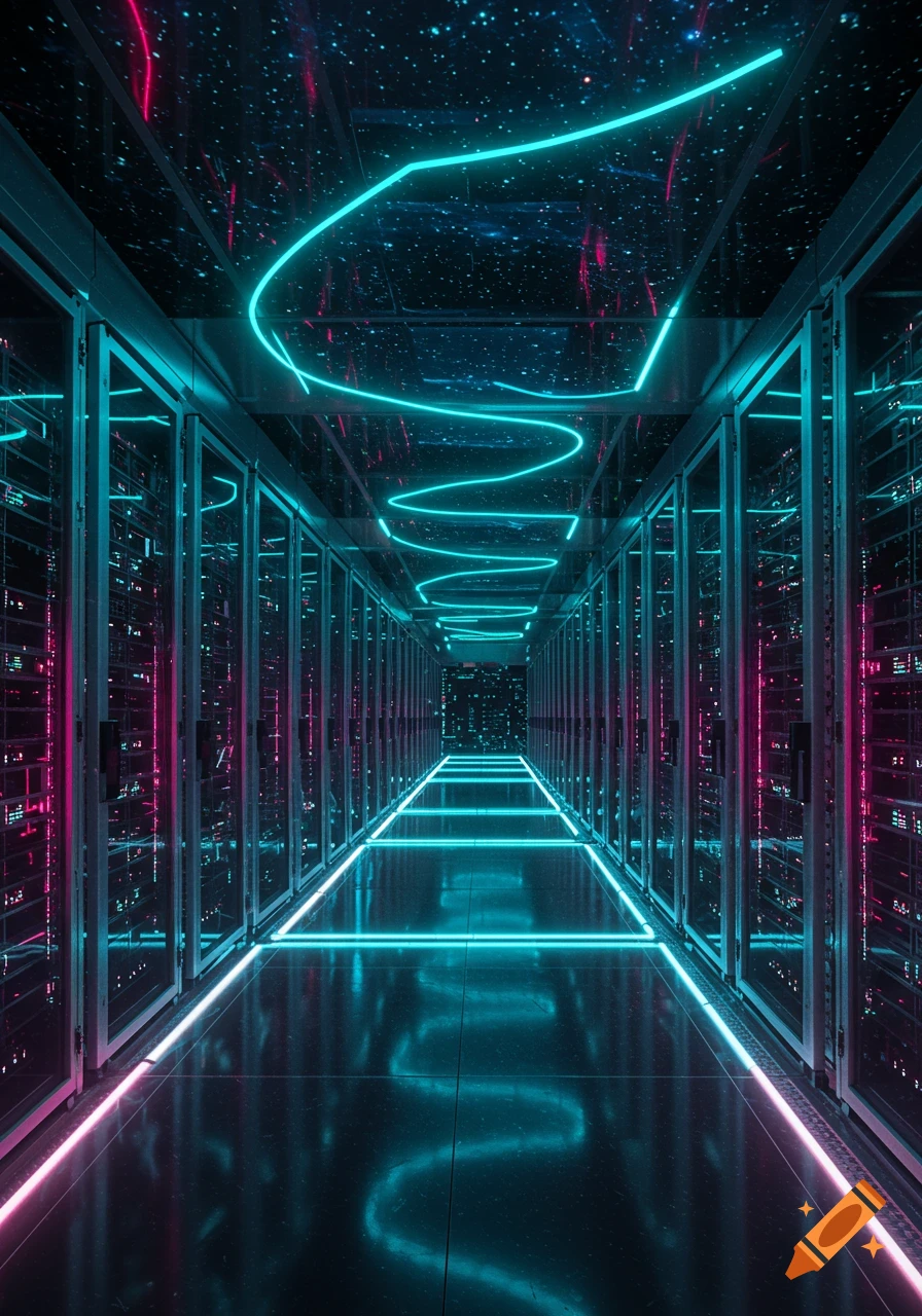 A long, futuristic data center hallway lined with server racks, lit by glowing neon blue and pink lights, with reflective surfaces.