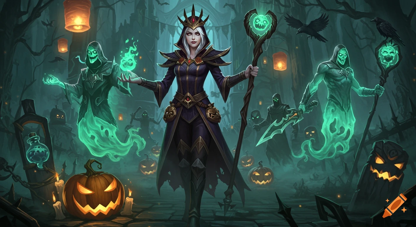 A dark queen with white hair stands in a spooky forest surrounded by green ghosts and glowing jack-o'-lanterns in a digital art style.